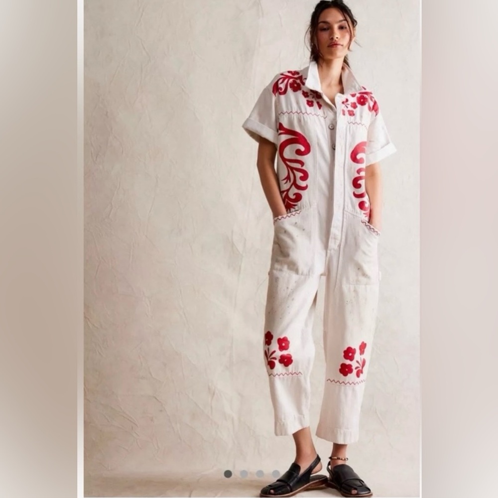 Free People Glory Days Jumpsuit We The Free Floral Print Splatter Distress Ride